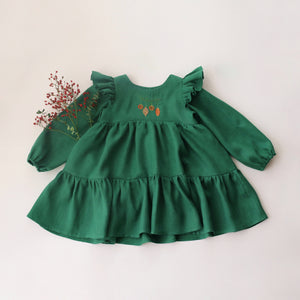 Emerald Green Linen Full Length Flutter Sleeve Tiered Dress with "Christmas Baubles" Embroidery