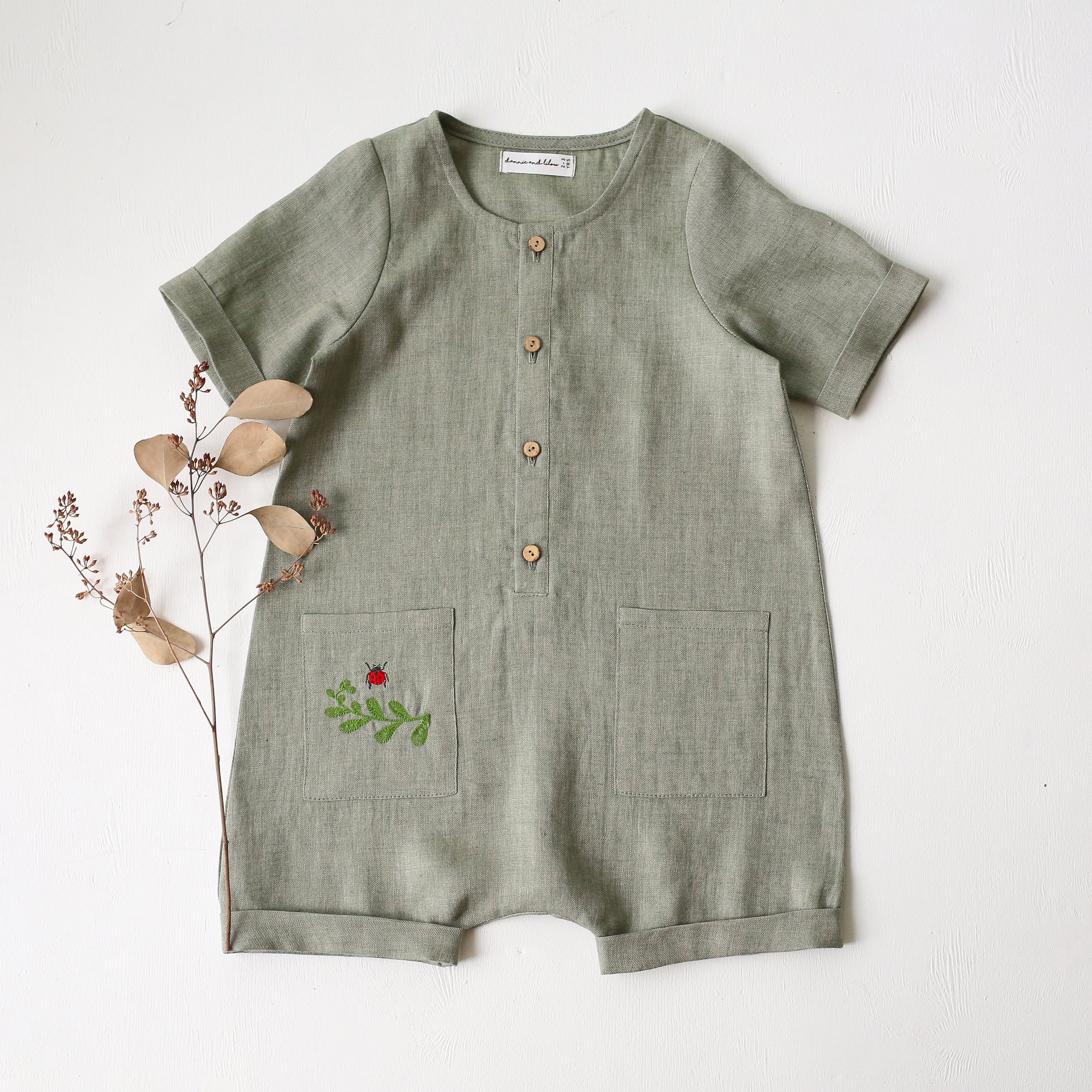 Green Smoke Linen Short Legs Jumpsuit | “Ladybug” Embroidery