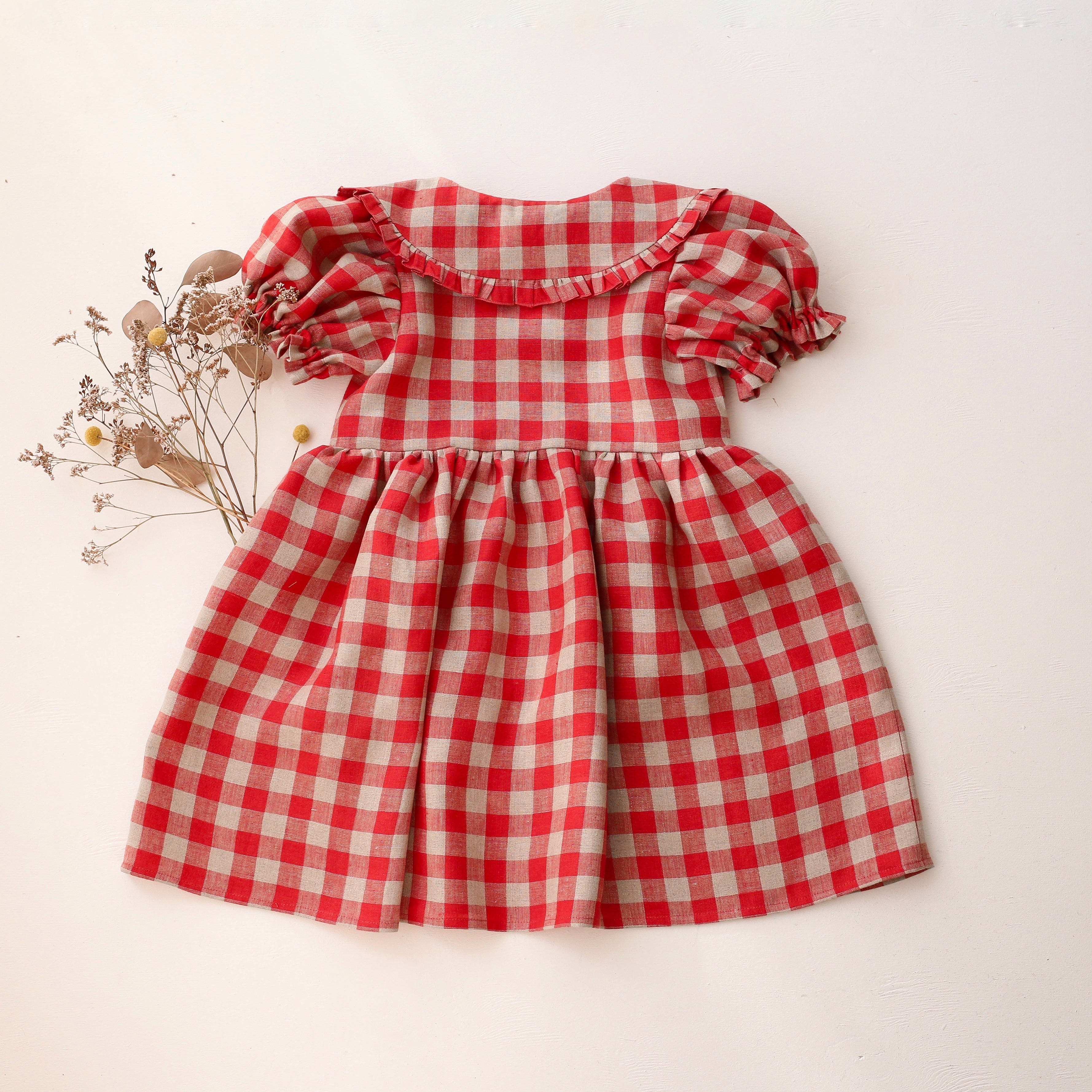 Cherry Check Linen Short Sleeve Frilled Collar Dress with “Cherry” Embroidery