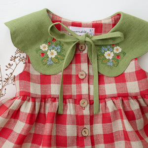 Cherry Check Linen Tiered Dress with Petal Collar in Meadow Green Linen with "Strawberry Bouquet" Embroidery
