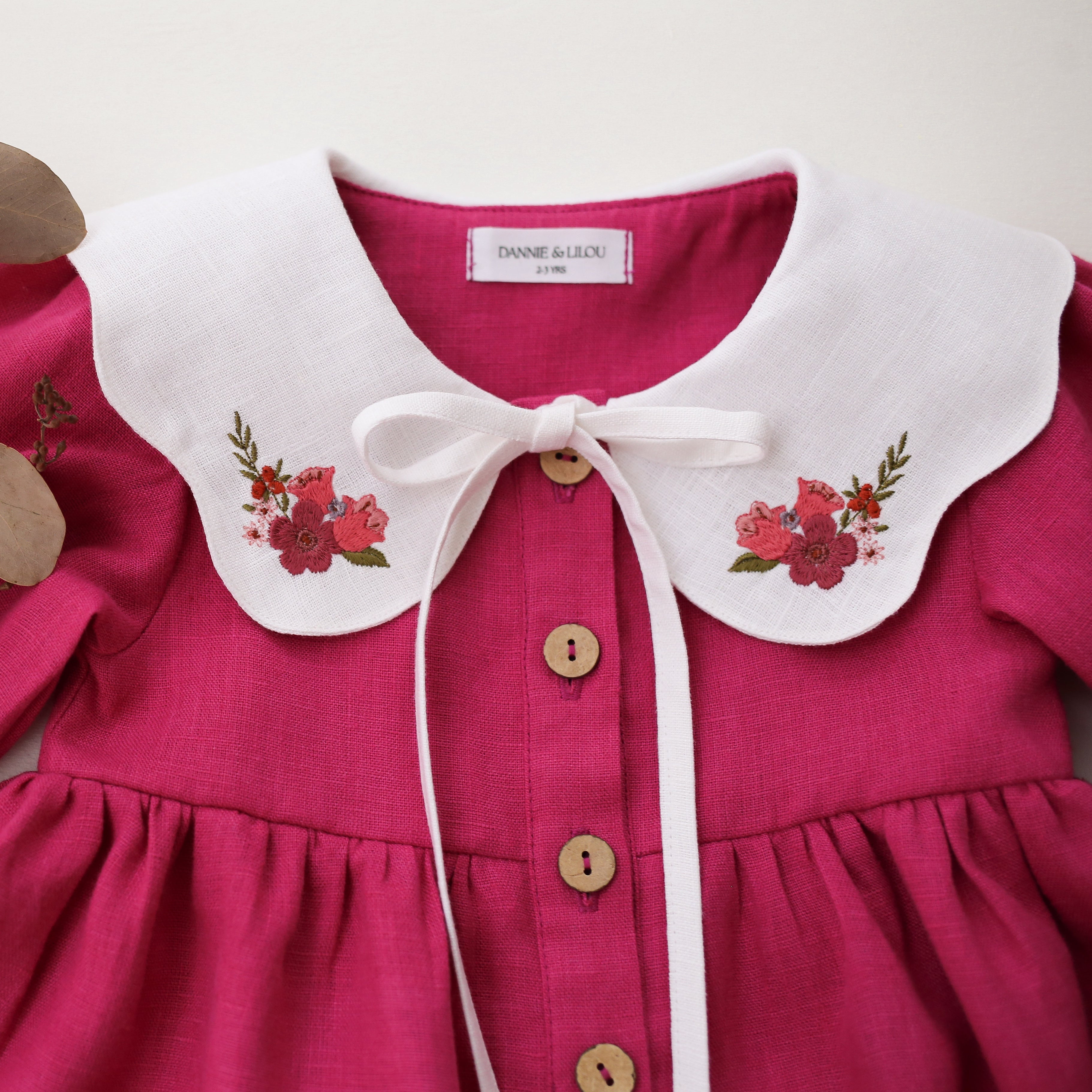 Raspberry Linen Long Sleeve Tiered Dress with Petal Collar in White Linen with "Mini Flowers" Embroidery