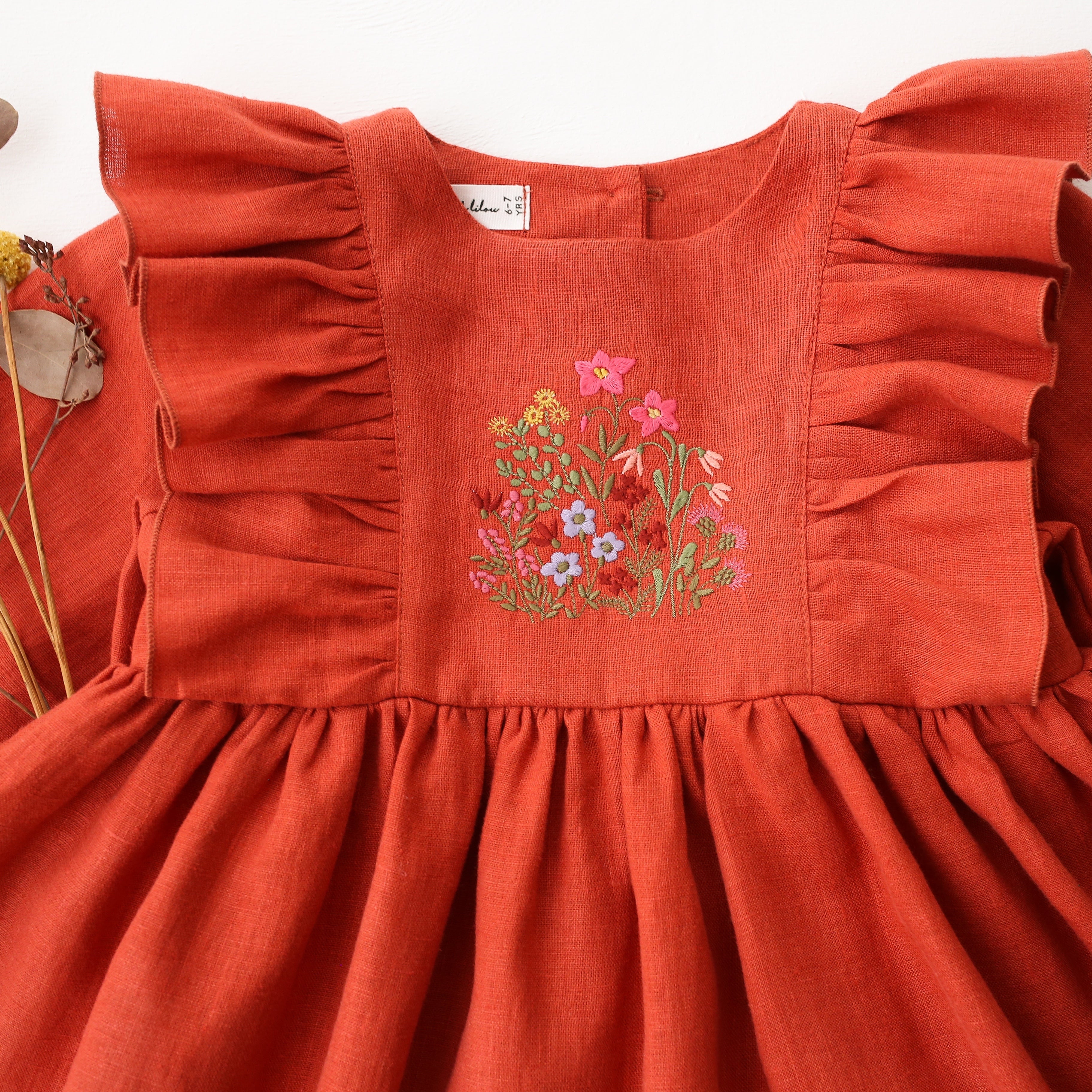 Paprika Linen Long Sleeve Ruffle Dress with "Pastel Meadow" Embroidery