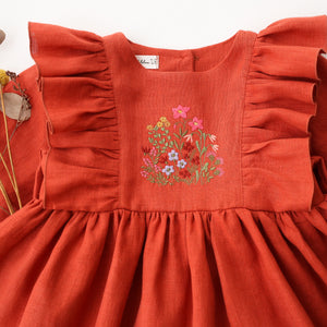 Paprika Linen Long Sleeve Ruffle Dress with "Pastel Meadow" Embroidery