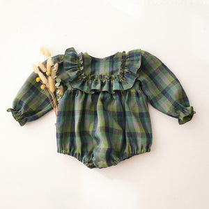 Moss Green Check Linen Long Sleeve Bubble Playsuit with Wide Bodice Ruffle