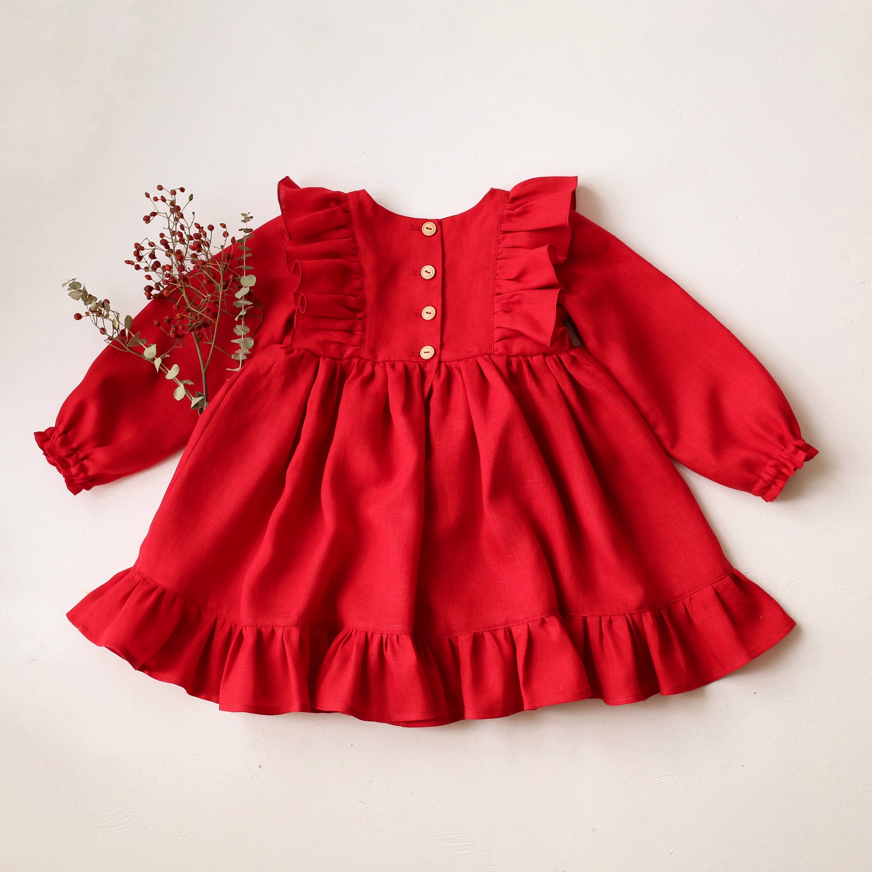 Scarlet Red Linen Long Sleeve Ruffle Dress with "Christmas Bunny" Embroidery
