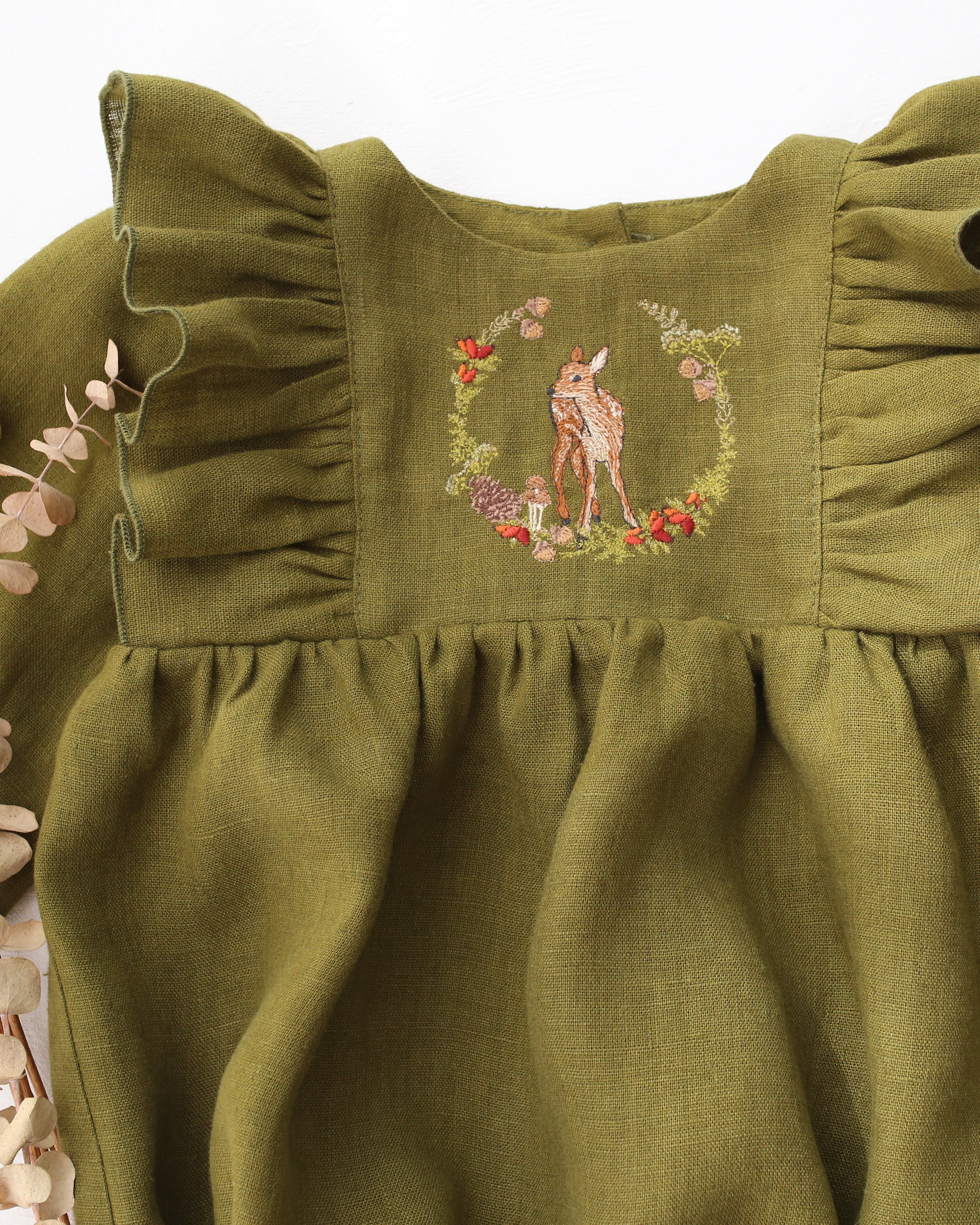 Pine Linen Long Sleeve Ruffle Bubble Playsuit with "Deer in Berry Wreath" Embroidery
