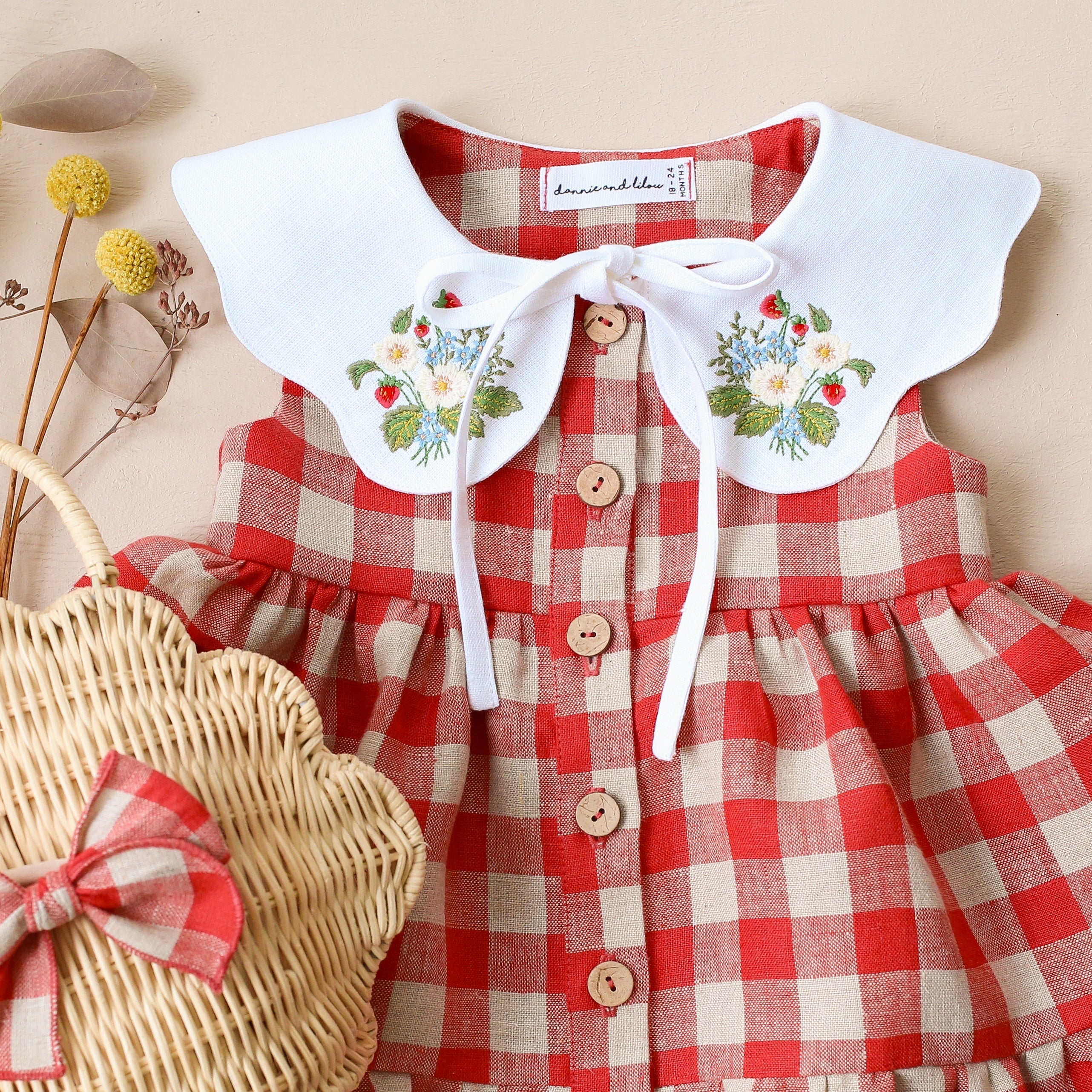 Cherry Check Linen Tiered Dress with Petal Collar in White Linen with "Strawberry Bouquet" Embroidery