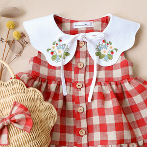 Cherry Check Linen Tiered Dress with Petal Collar in White Linen with "Strawberry Bouquet" Embroidery