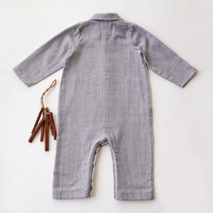 Grey & White Check Cotton Long Sleeve Collared Jumpsuit with Pockets
