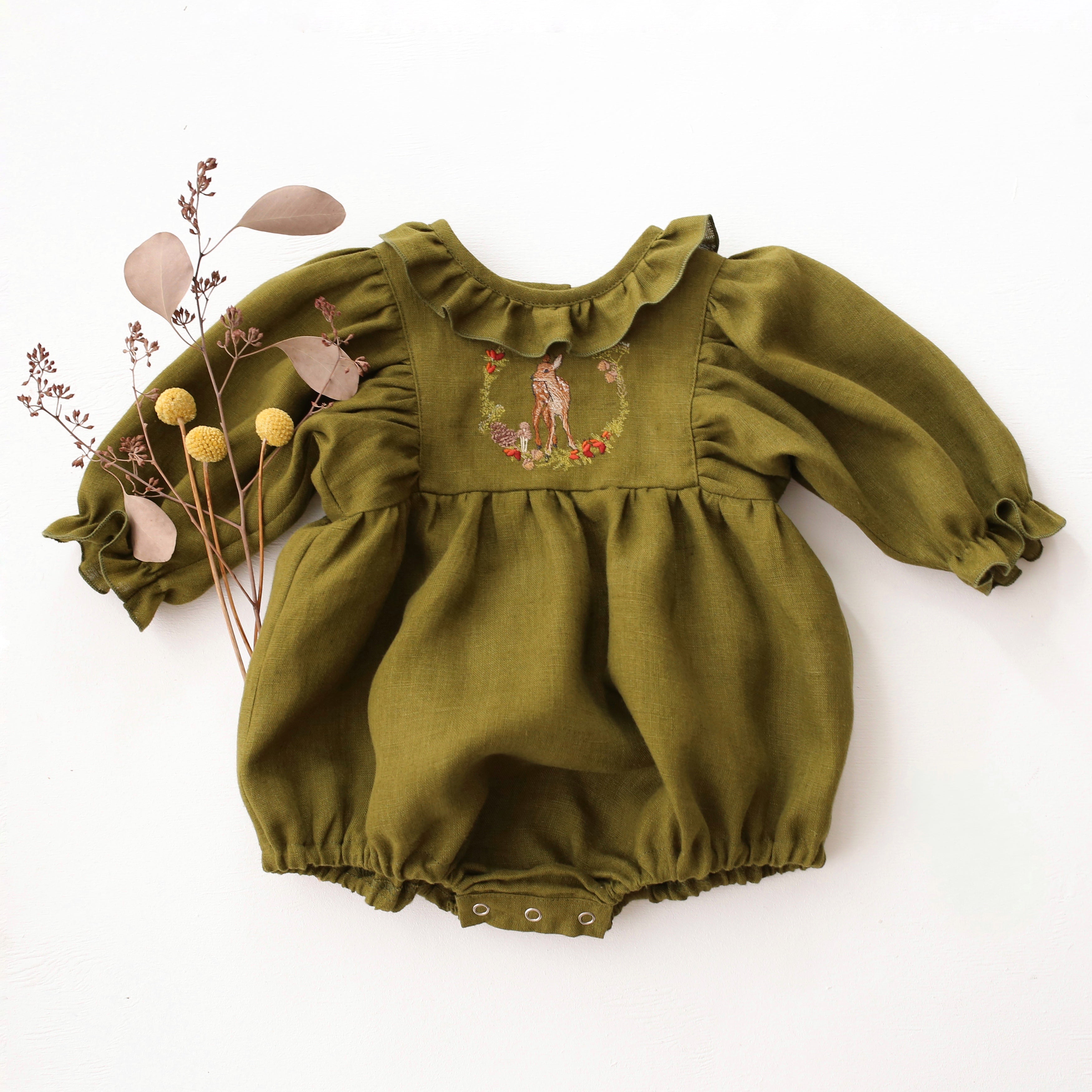 Pine Linen Puff Sleeve Ruffle Collar Bubble Playsuit with "Deer in Berry Wreath" Embroidery
