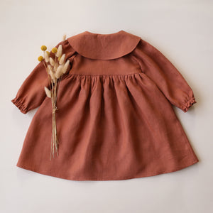 Terracotta Linen Long Sleeve Pointed Collar Dress