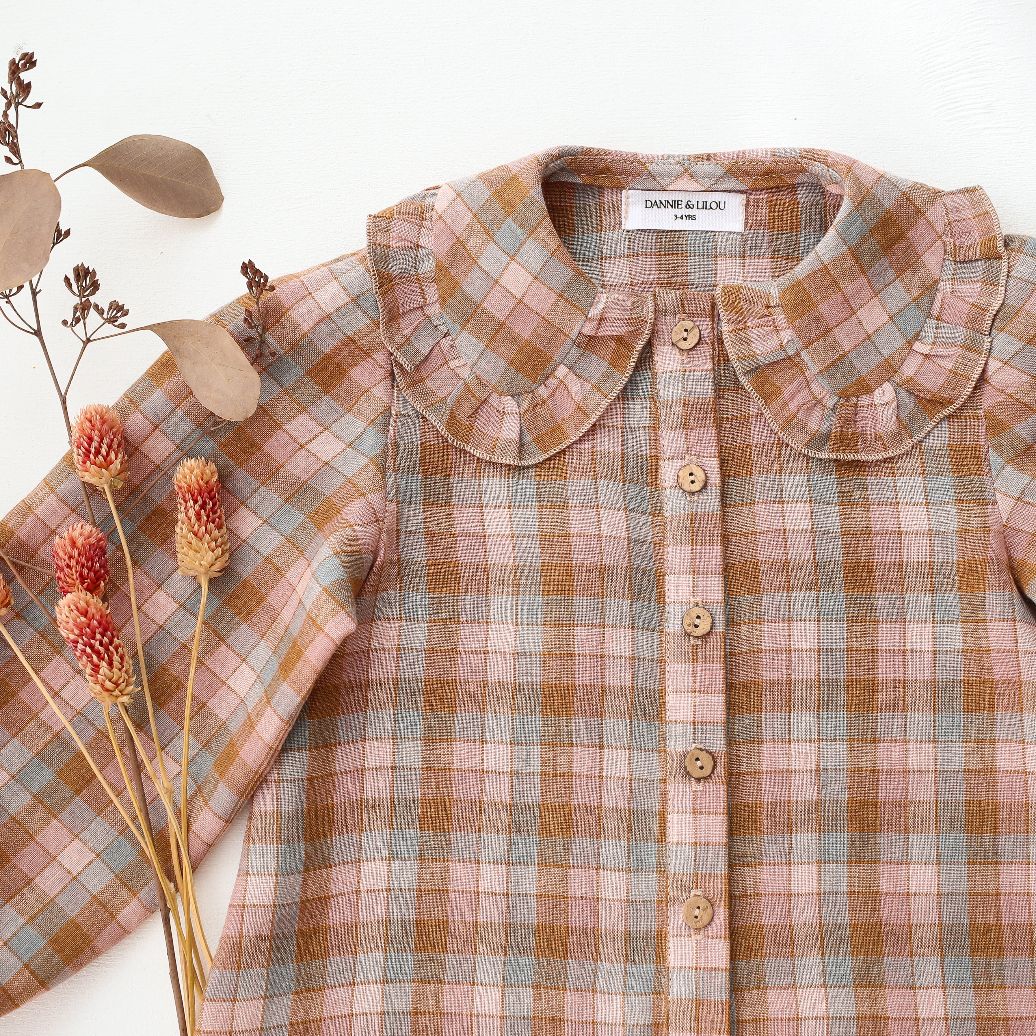 Hazel Rose Check Linen Long Sleeve Frilled Collar Button Front Blouse