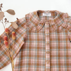 Hazel Rose Check Linen Long Sleeve Frilled Collar Button Front Blouse