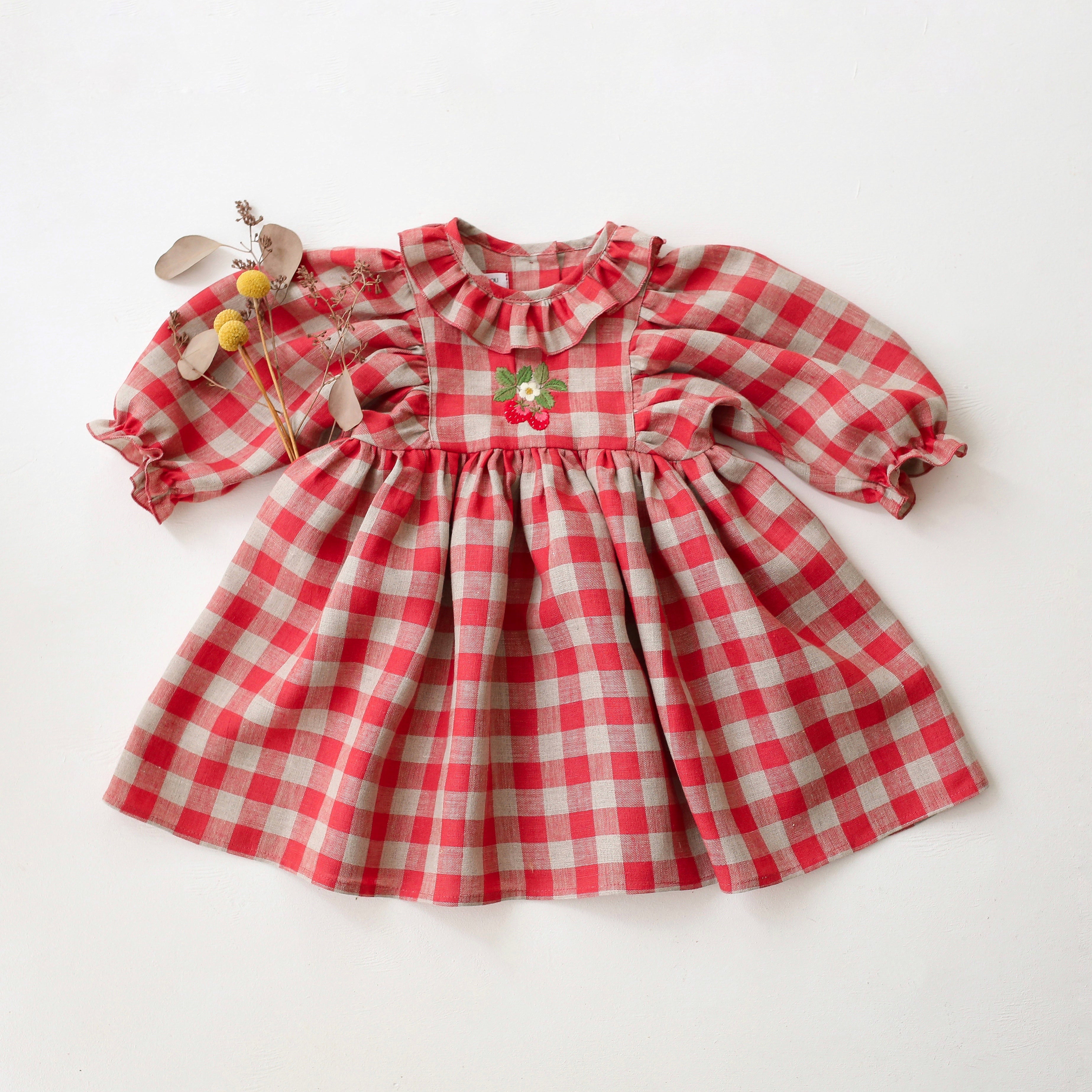 Cherry Check Linen Puff Sleeve Ruffle Collar Dress with “Strawberry” Embroidery