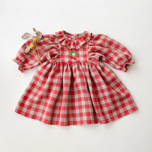Cherry Check Linen Puff Sleeve Ruffle Collar Dress with “Strawberry” Embroidery
