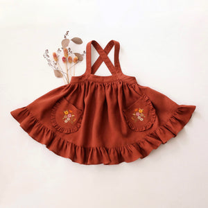 Rust Linen Straps Pinafore with Frills with “Autumn Flowers” Embroidery