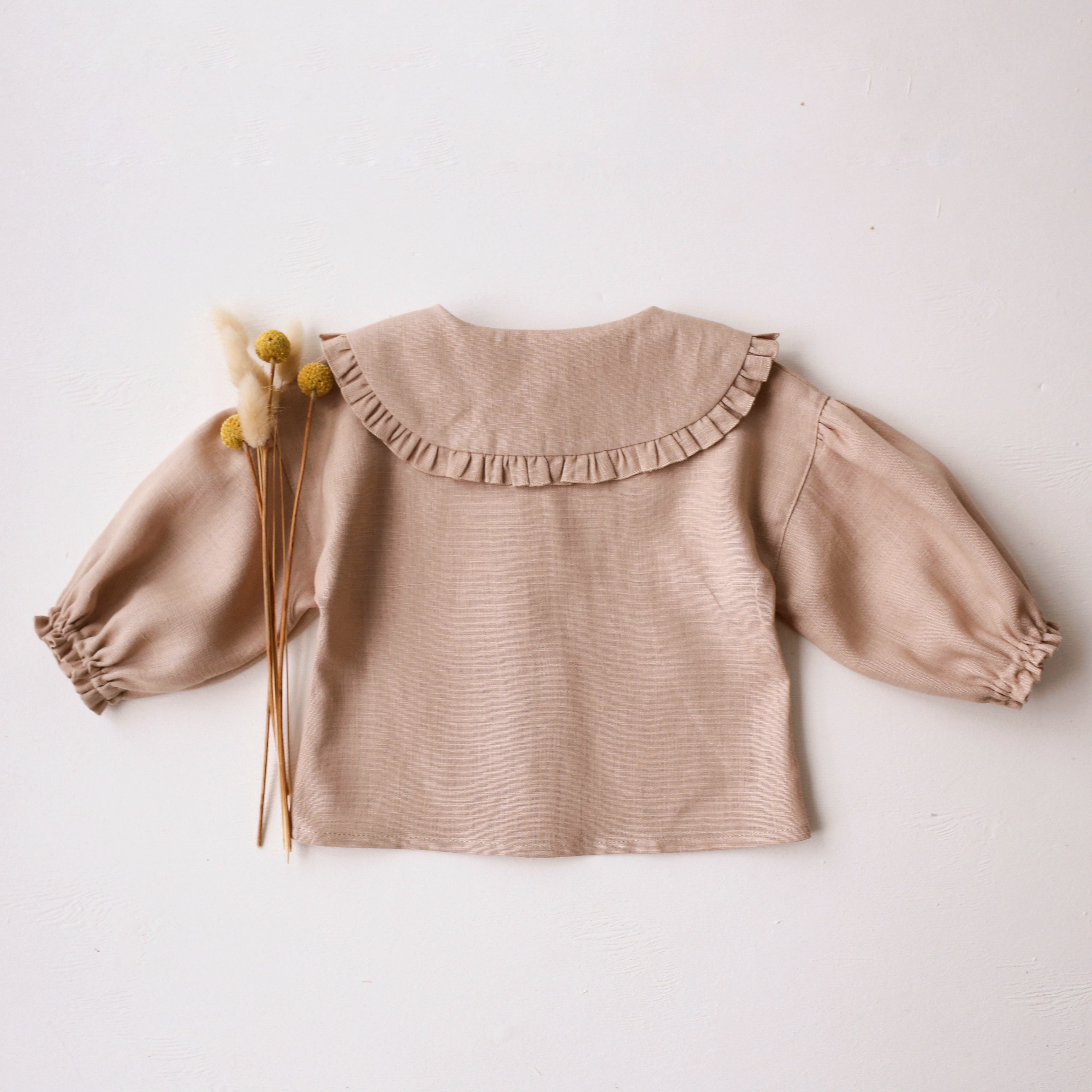 Beige Linen Frilled Collar Bubble Sleeve Blouse with "Autumn Bouquet" Embroidery