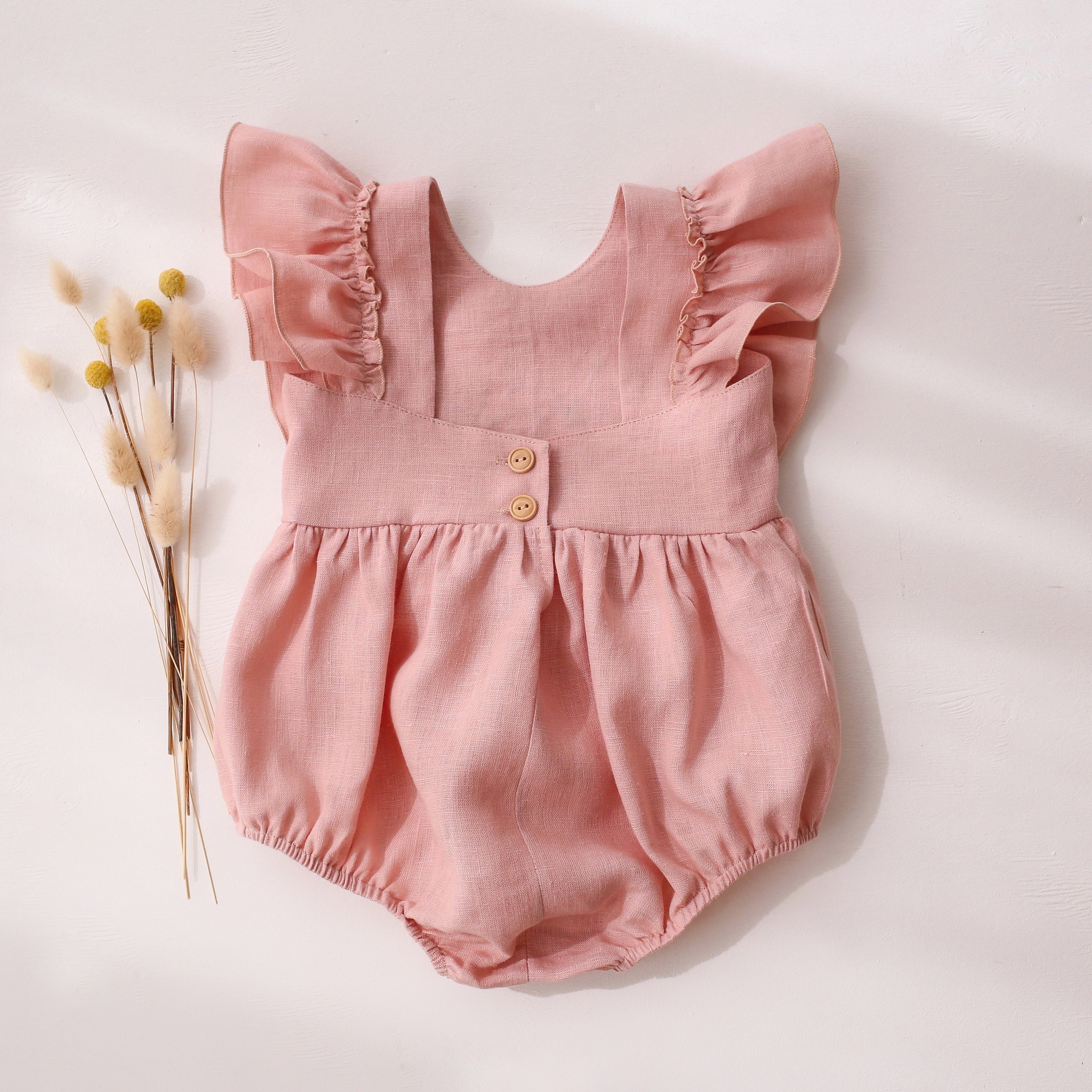 Powder Linen Ruffled Front Bubble Playsuit with “Bunny in Flowers” Embroidery