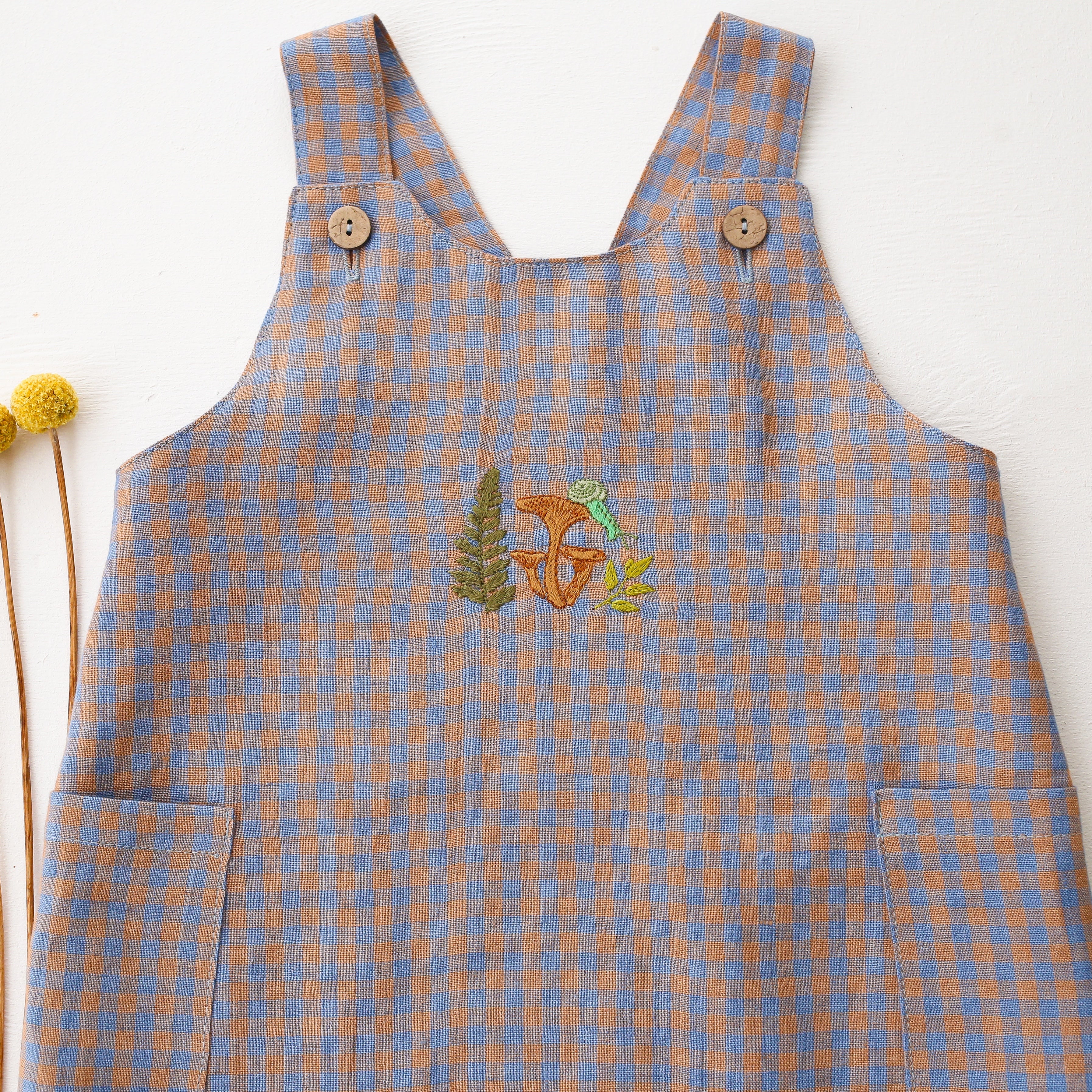 Blue & Peach Gingham Linen Button Front Jumpsuit with “Snail on Mushrooms” Embroidery