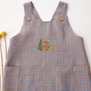 Blue & Peach Gingham Linen Button Front Jumpsuit with “Snail on Mushrooms” Embroidery