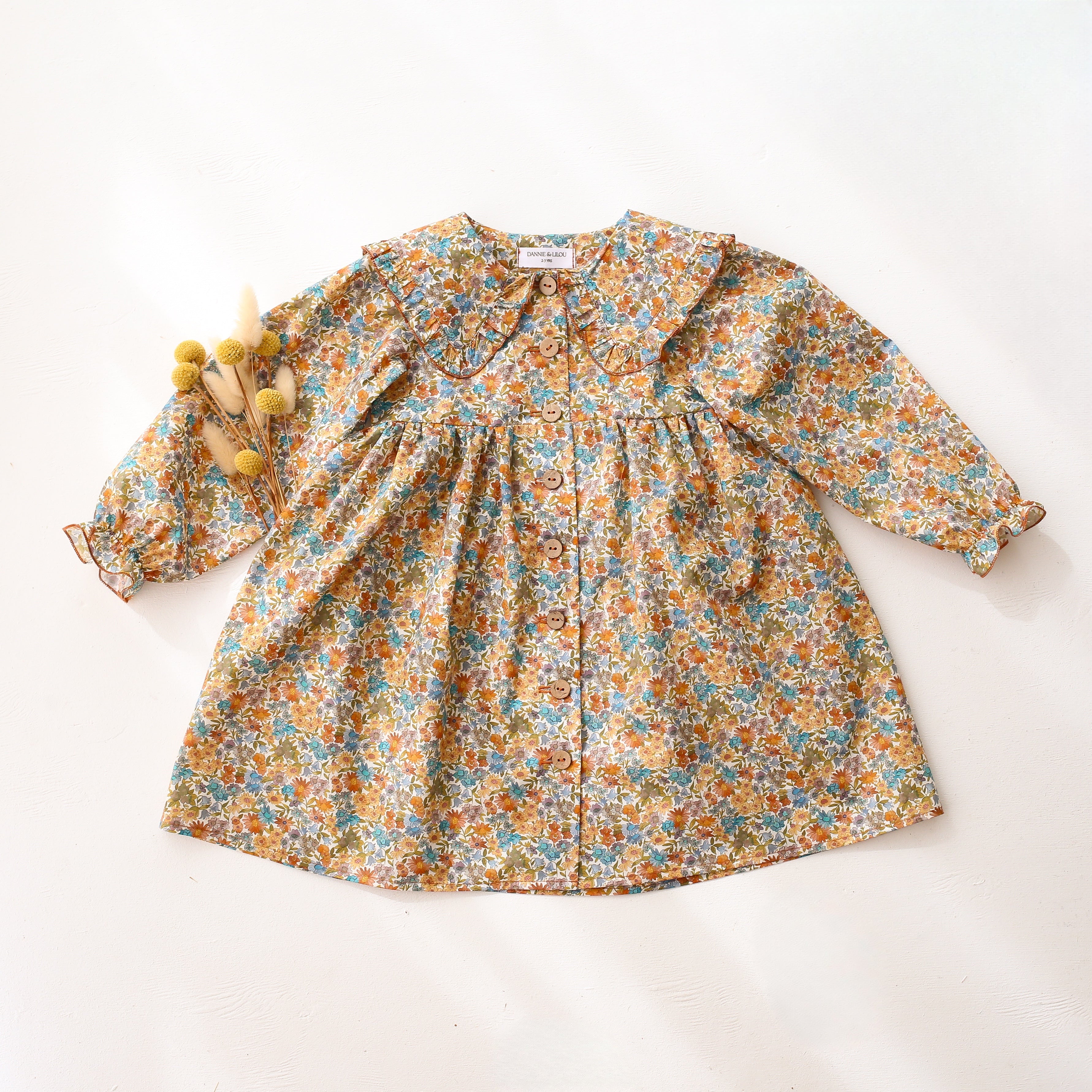 Long Sleeve Frilled Collar Button Front Dress in Sandra Liberty Print