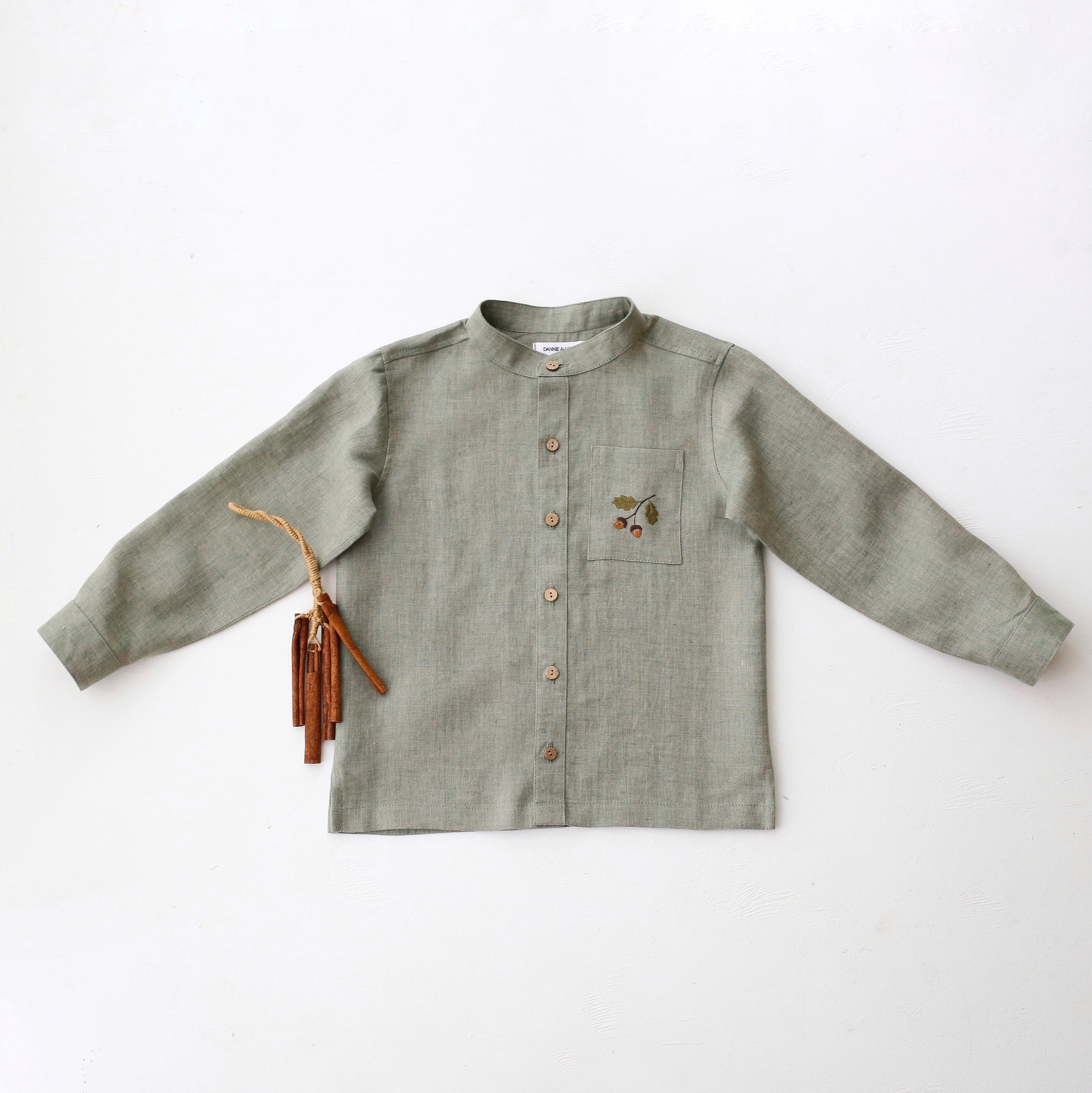 Green Smoke Linen Long Sleeve Shirt with Band Collar and "Mini Acorns" Embroidery