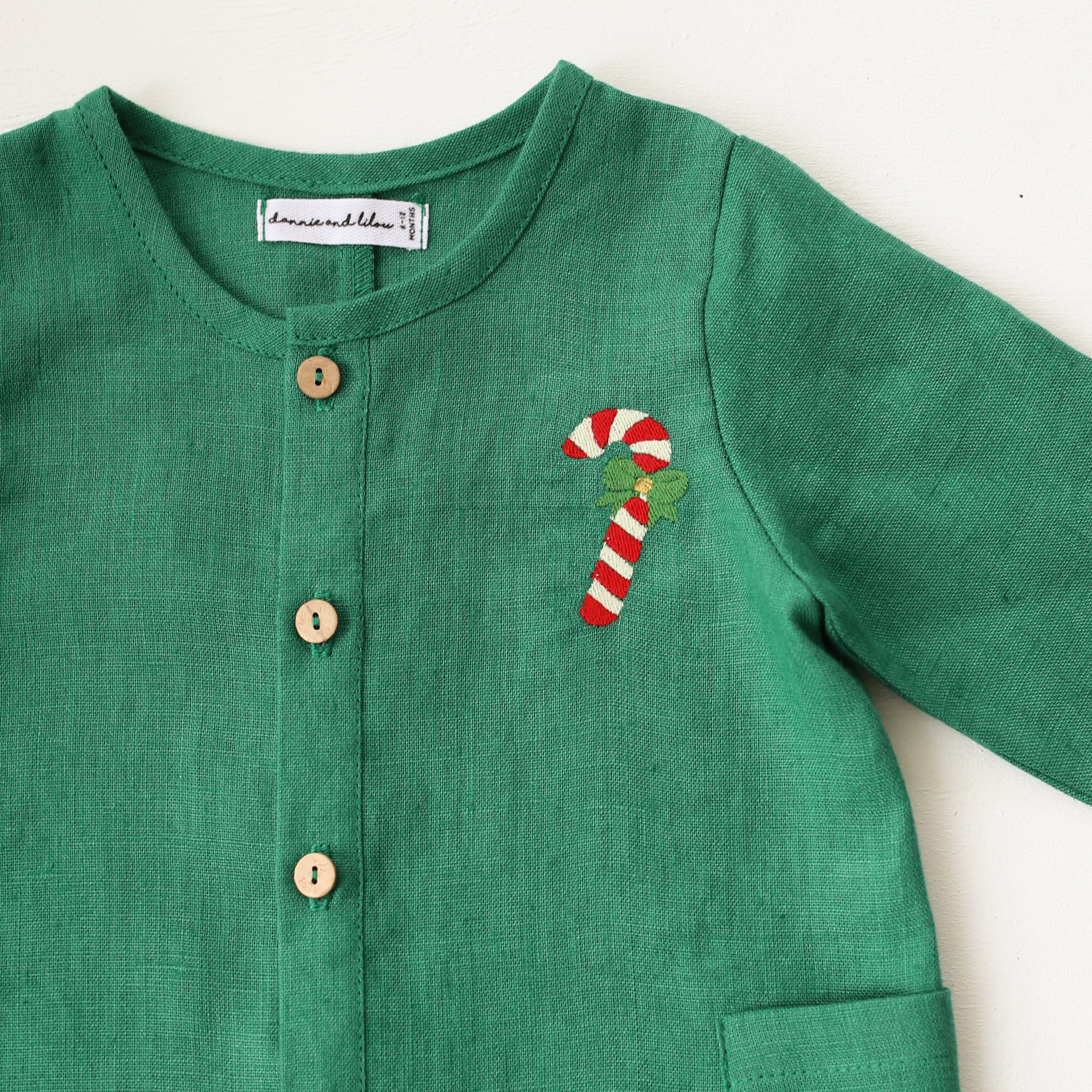 Emerald Green Linen Long Sleeve Buttoned Jumpsuit with "Christmas Candy Cane" Embroidery