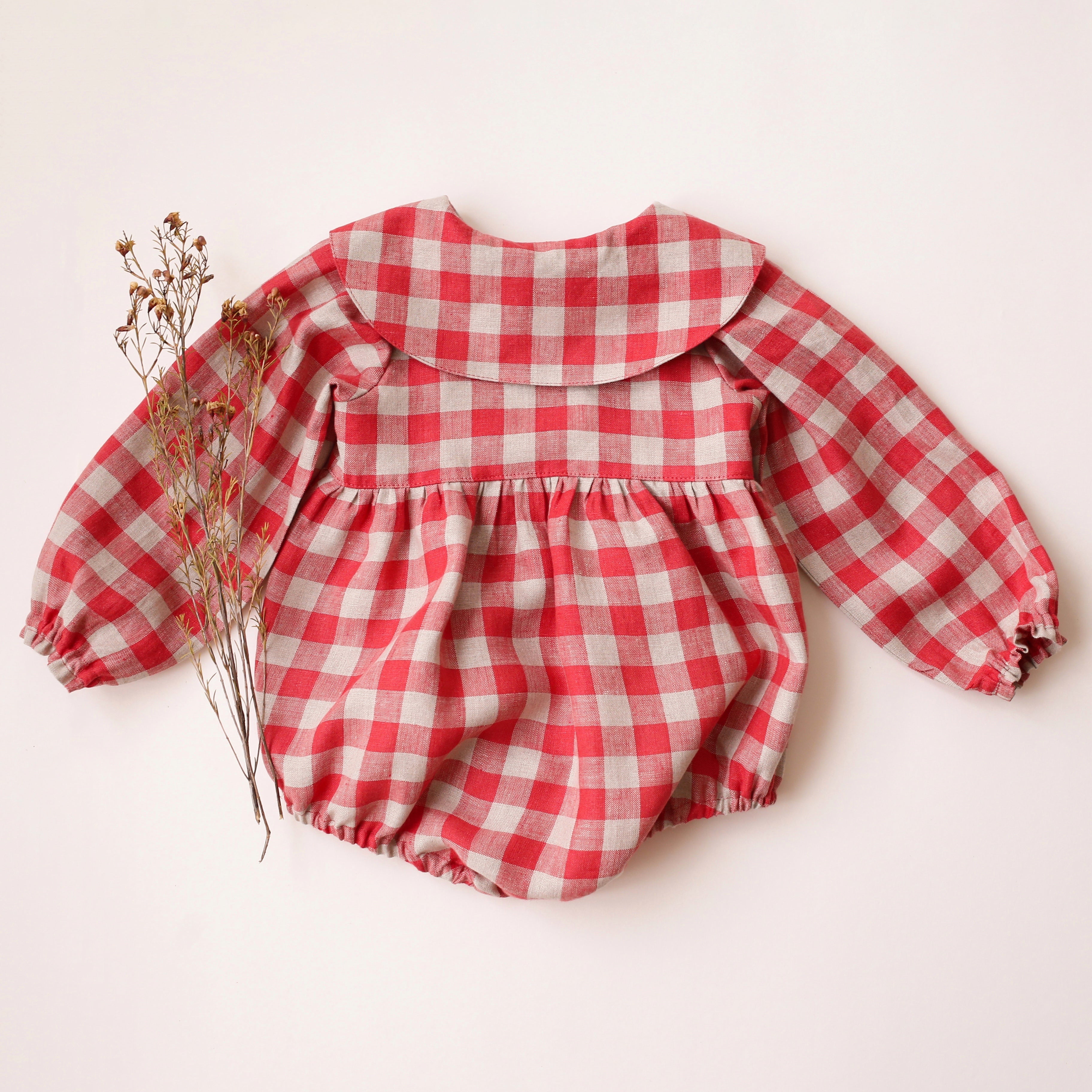 Cherry Check Linen Long Sleeve Pointed Collar Bubble Playsuit