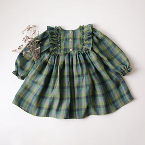 Moss Green Check Linen Long Sleeve Dress with Wide Bodice Ruffle