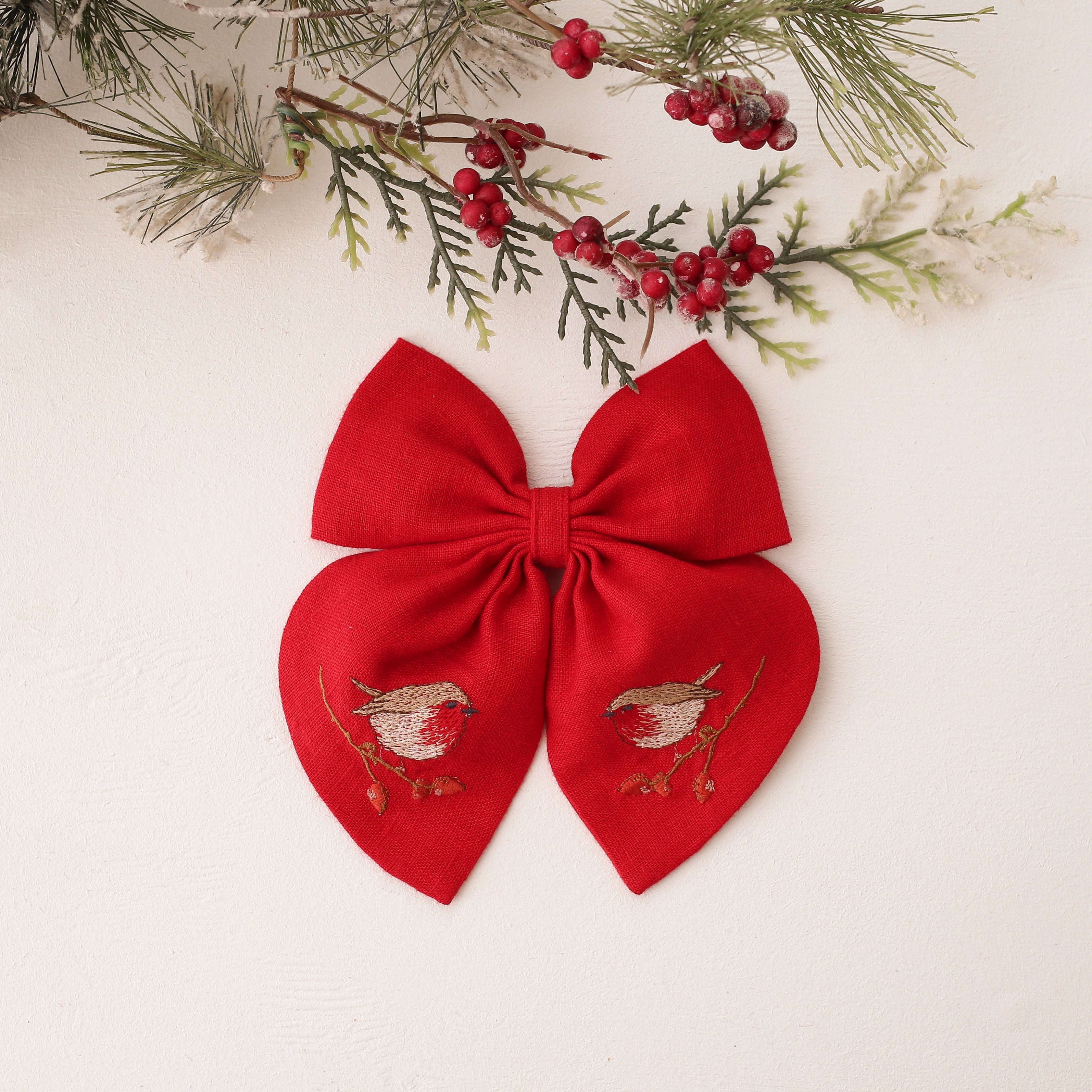Embroidered Hair Bow with "Christmas Robin" Embroidery in Scarlet Red Linen