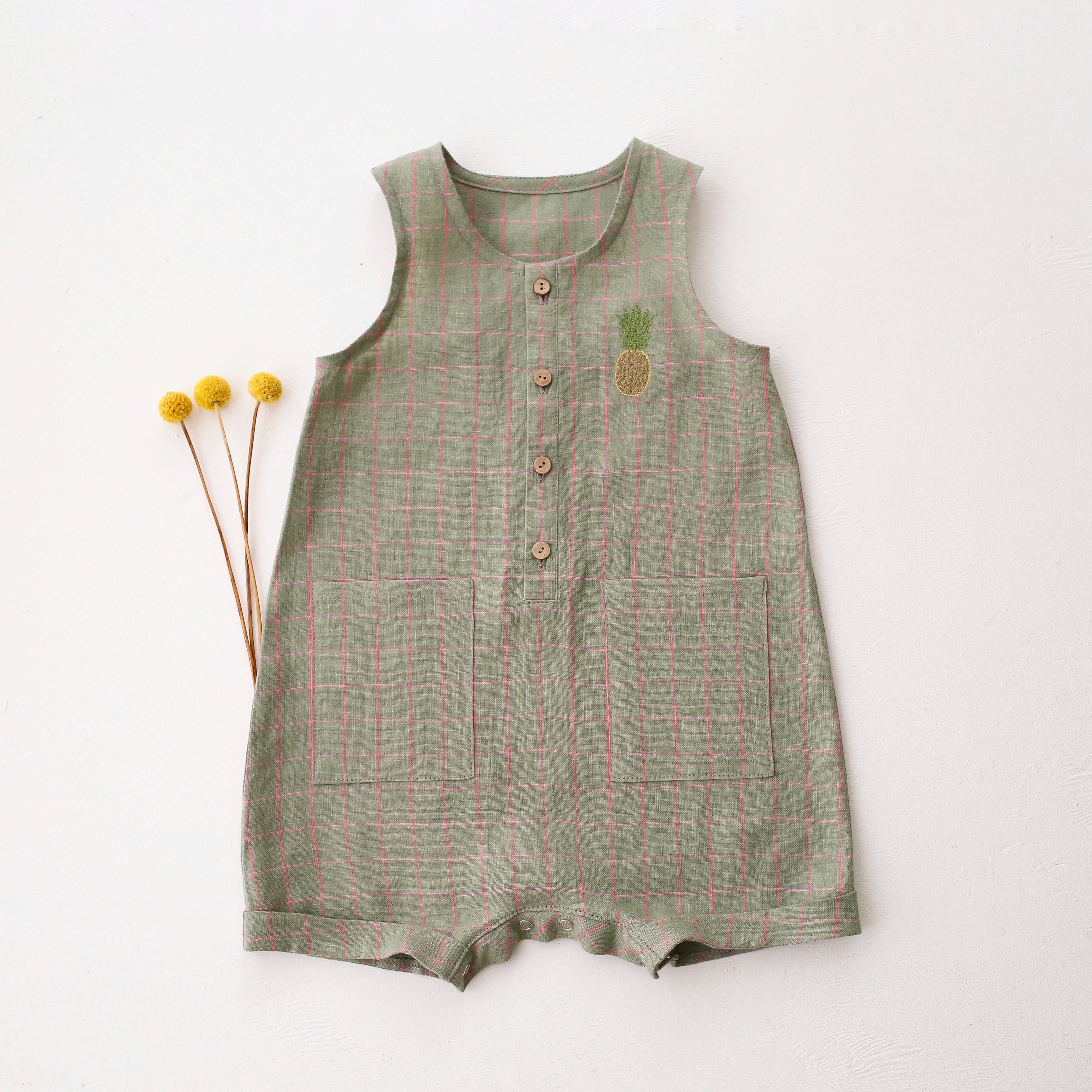 Mint & Pink Check Linen Short Legs Tank Jumpsuit with “Pineapple” Embroidery