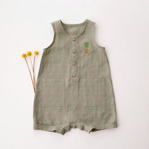 Mint & Pink Check Linen Short Legs Tank Jumpsuit with “Pineapple” Embroidery