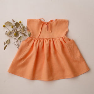 Peach Linen Dolman Style Dress with “Bunny in Flowers” Embroidery