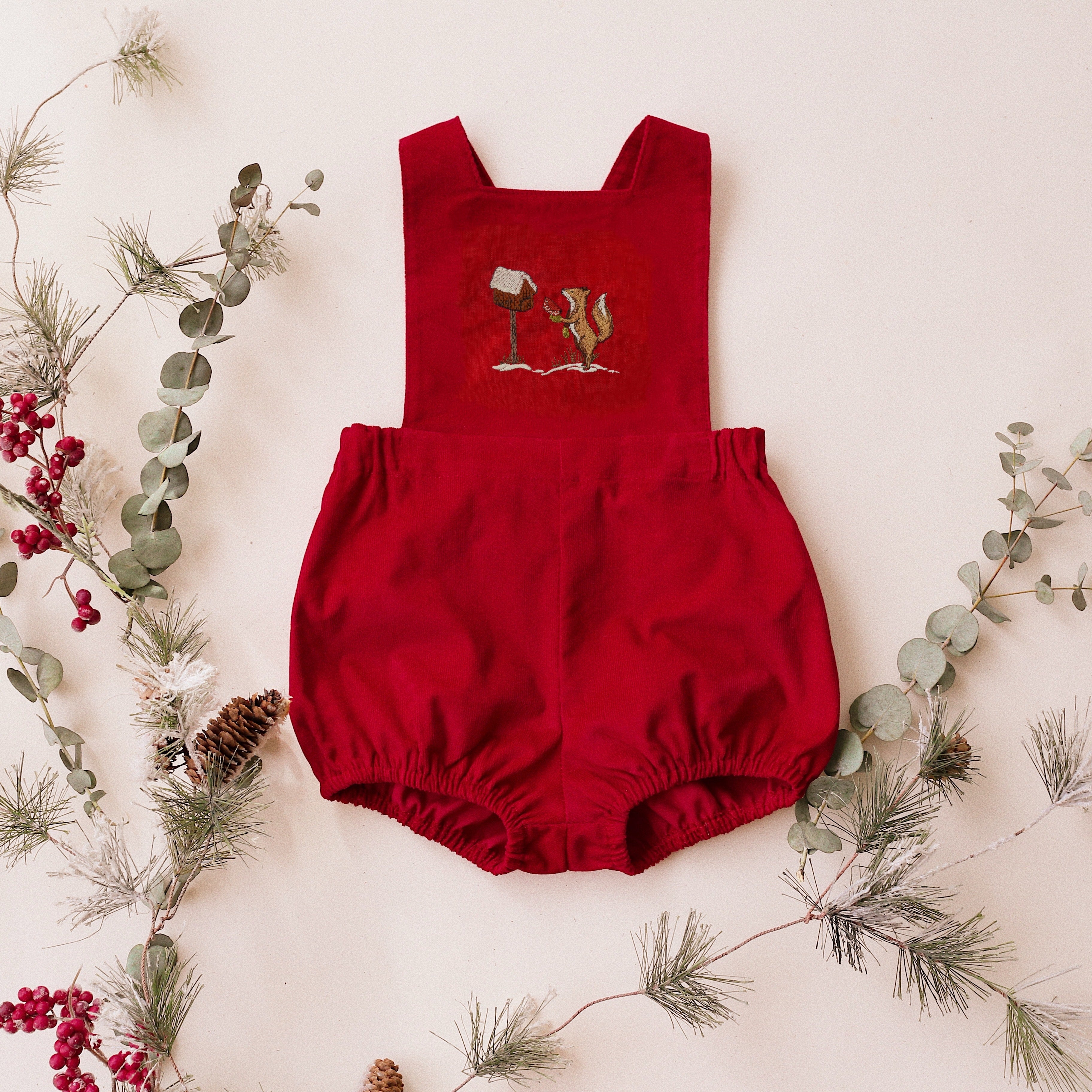 Scarlet Red Linen Straps Romper with “Christmas Letter” Embroidery