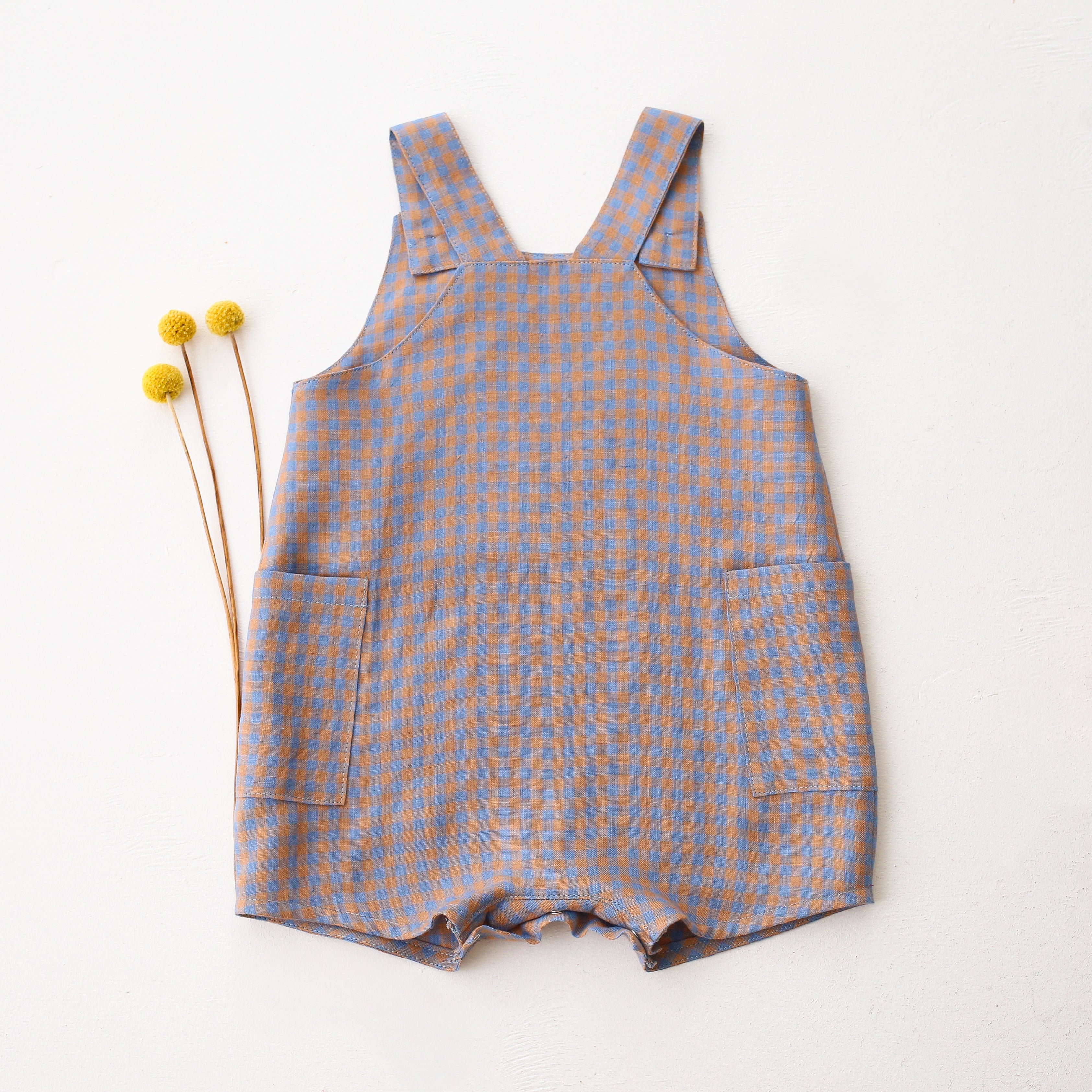 Blue & Peach Gingham Linen Button Front Jumpsuit with “Snail on Mushrooms” Embroidery