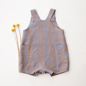 Blue & Peach Gingham Linen Button Front Jumpsuit with “Snail on Mushrooms” Embroidery