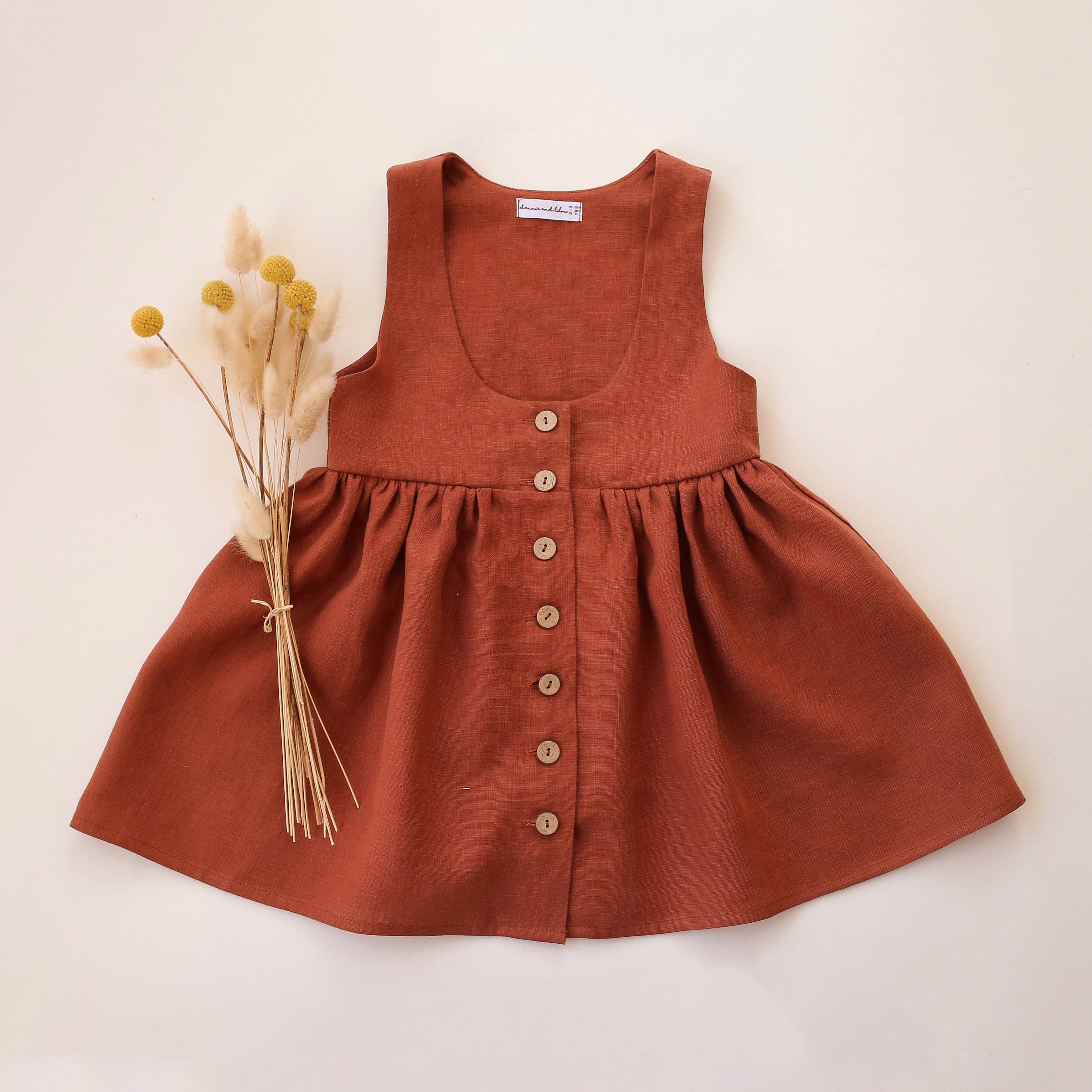 Rust Linen Button Front Pinafore Dress