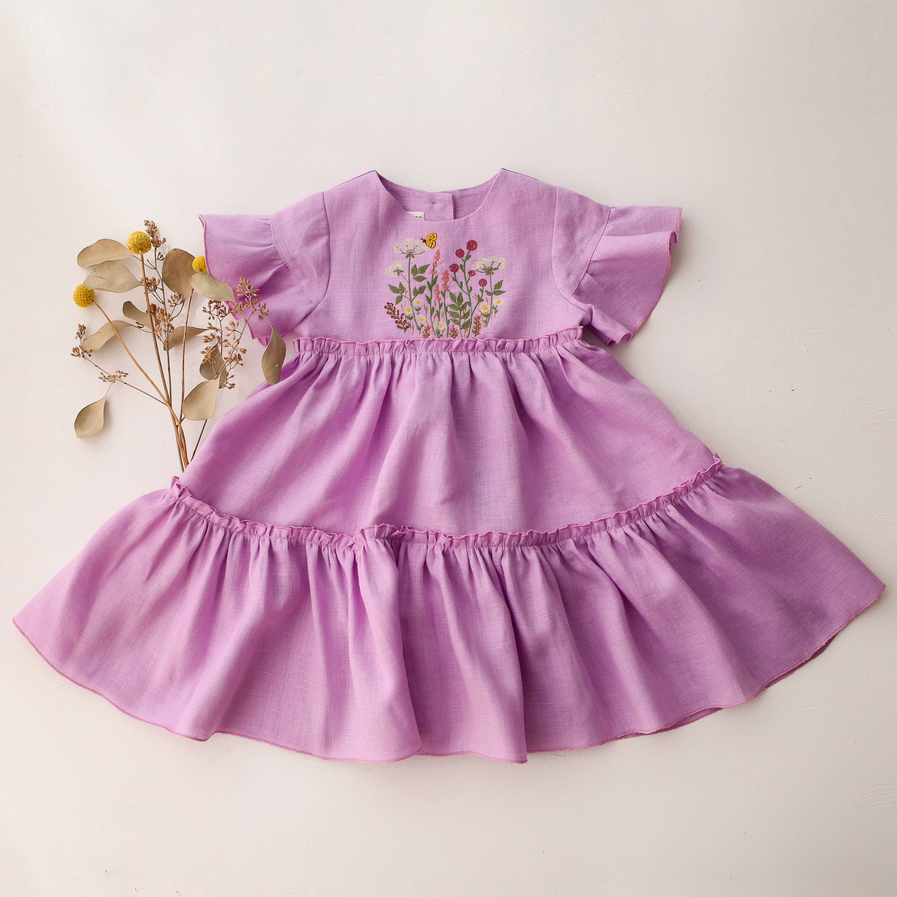 Wisteria Linen Flounce Sleeve Tiered Dress with "Wildflowers with Butterfly" Embroidery