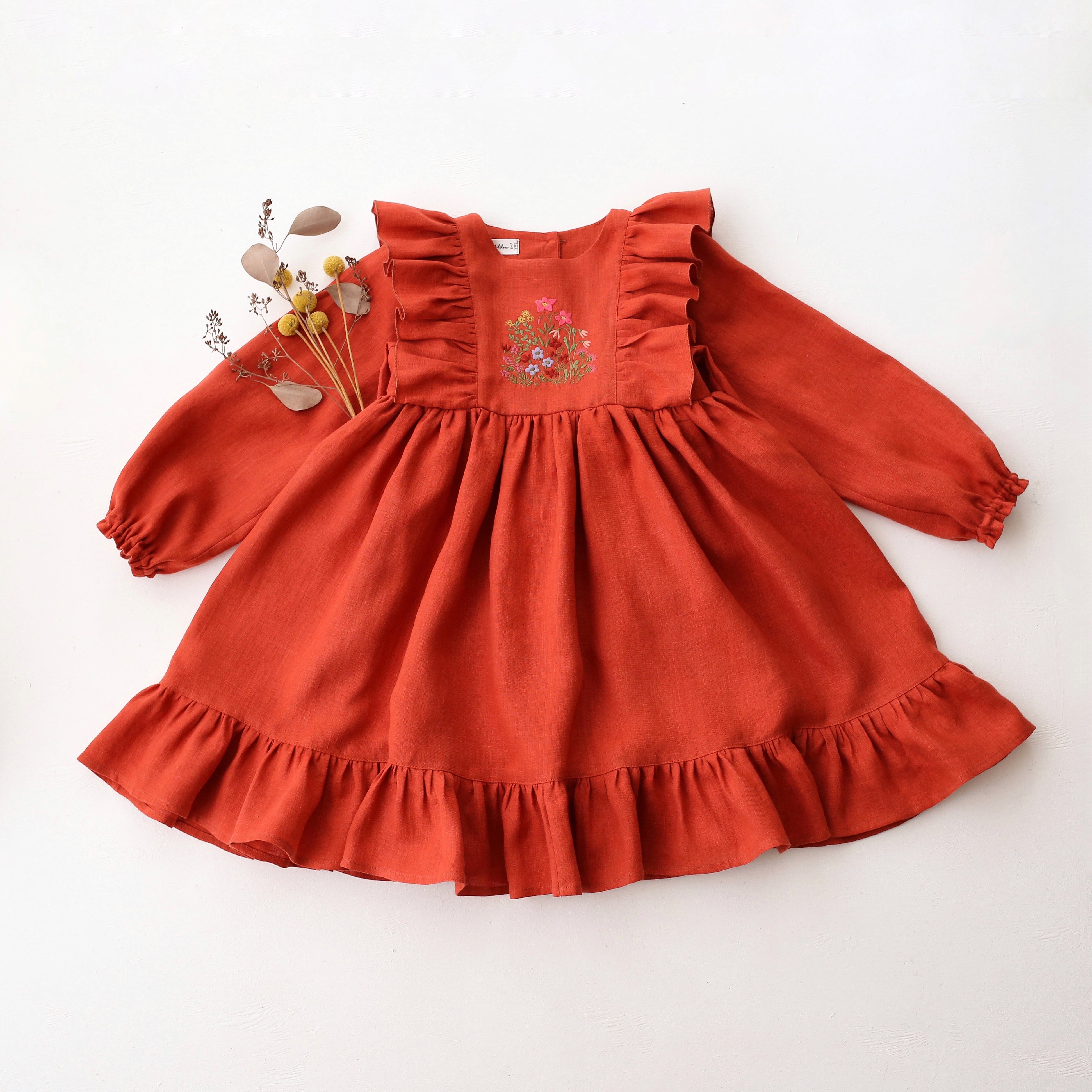 Paprika Linen Long Sleeve Ruffle Dress with "Pastel Meadow" Embroidery