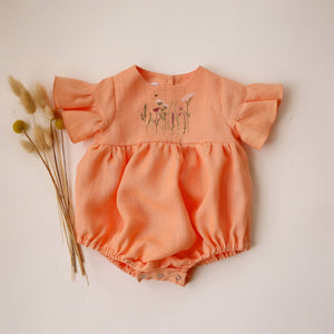 Peach Linen Flounce Sleeve Bubble Playsuit with “Meadow Flowers with Bee” Embroidery