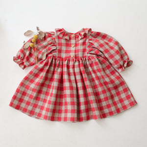 Cherry Check Linen Puff Sleeve Ruffle Collar Dress with “Strawberry” Embroidery