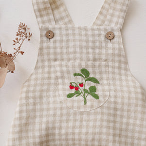 Beige Gingham Linen Front Pocket Straps Romper with "Wild Strawberry" Embroidery