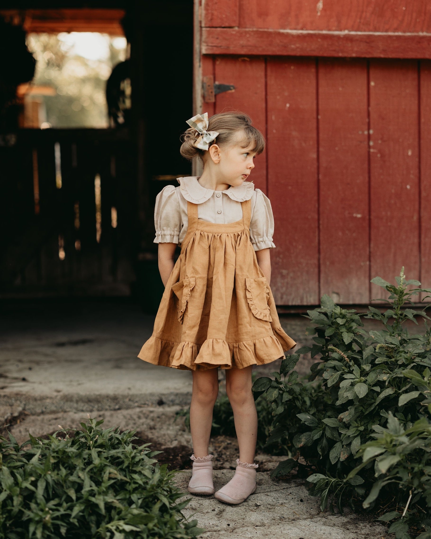 Mustard Linen Straps Pinafore with Frills
