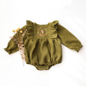 Pine Linen Long Sleeve Ruffle Bubble Playsuit with "Deer in Berry Wreath" Embroidery