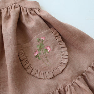 Rose Smoke Linen Straps Pinafore with Frills with “Clover Flower” Embroidery