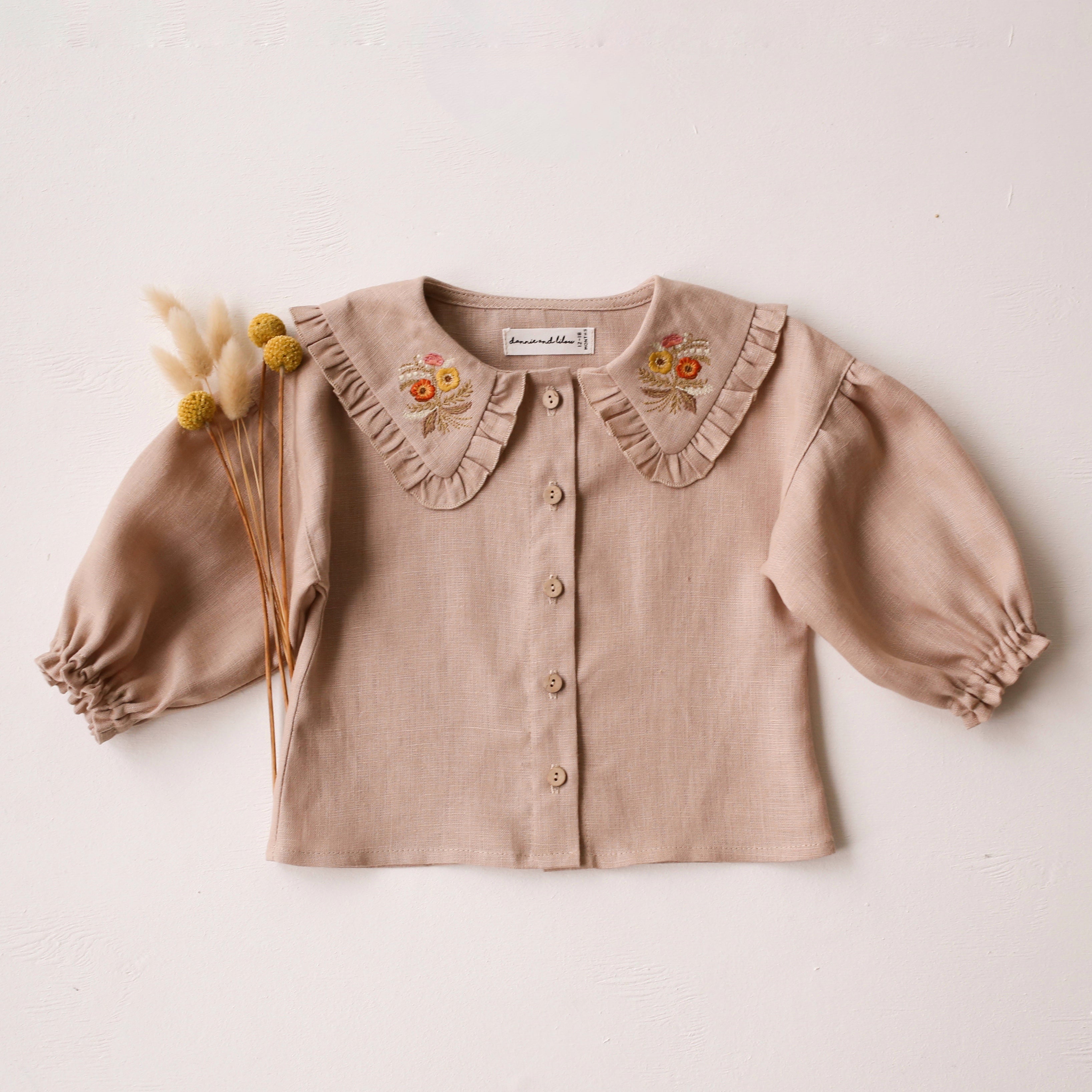 Beige Linen Frilled Collar Bubble Sleeve Blouse with "Autumn Bouquet" Embroidery