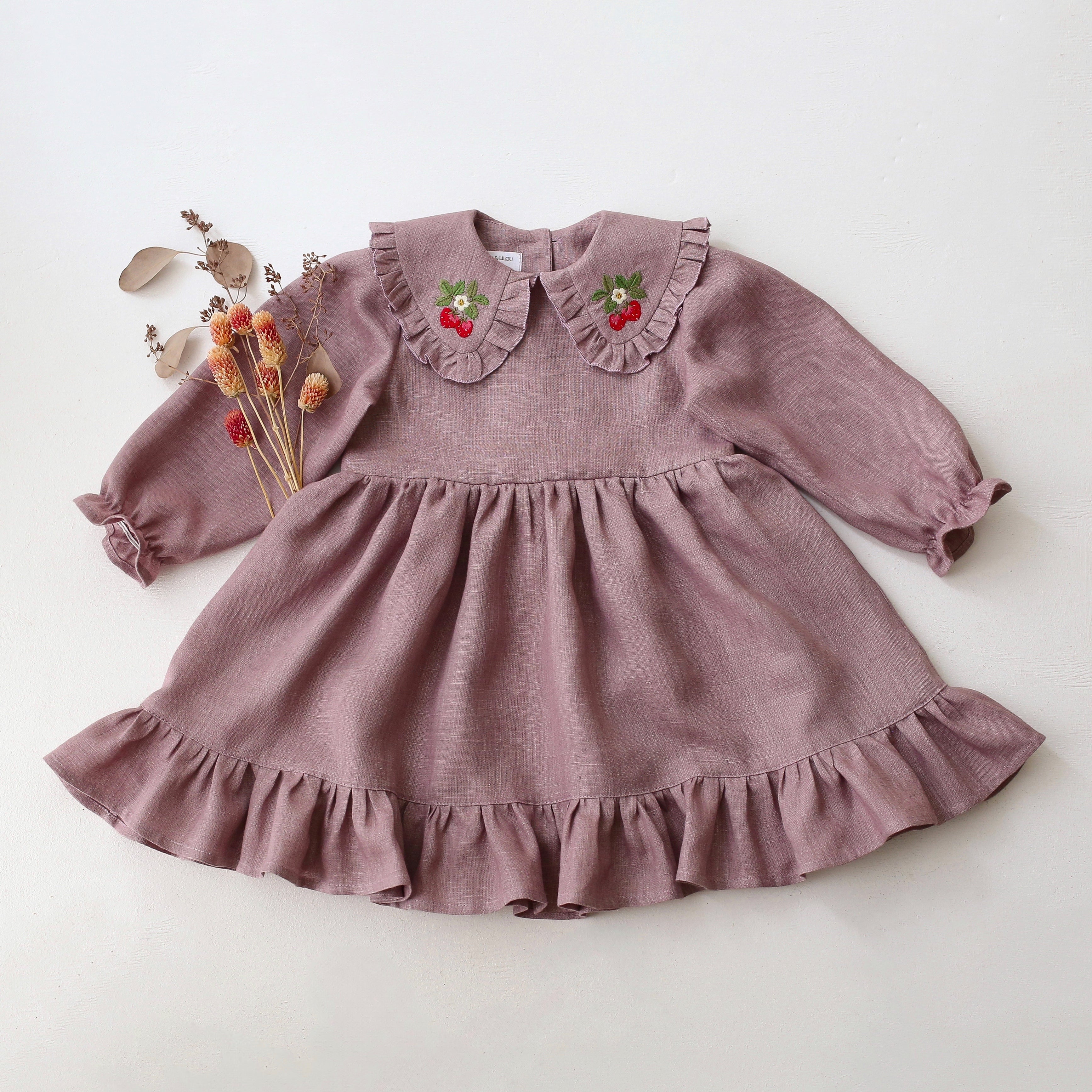 Pale Lilac Linen Long Sleeve Frilled Collar Dress with "Strawberry" Embroidery