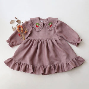 Pale Lilac Linen Long Sleeve Frilled Collar Dress with "Strawberry" Embroidery