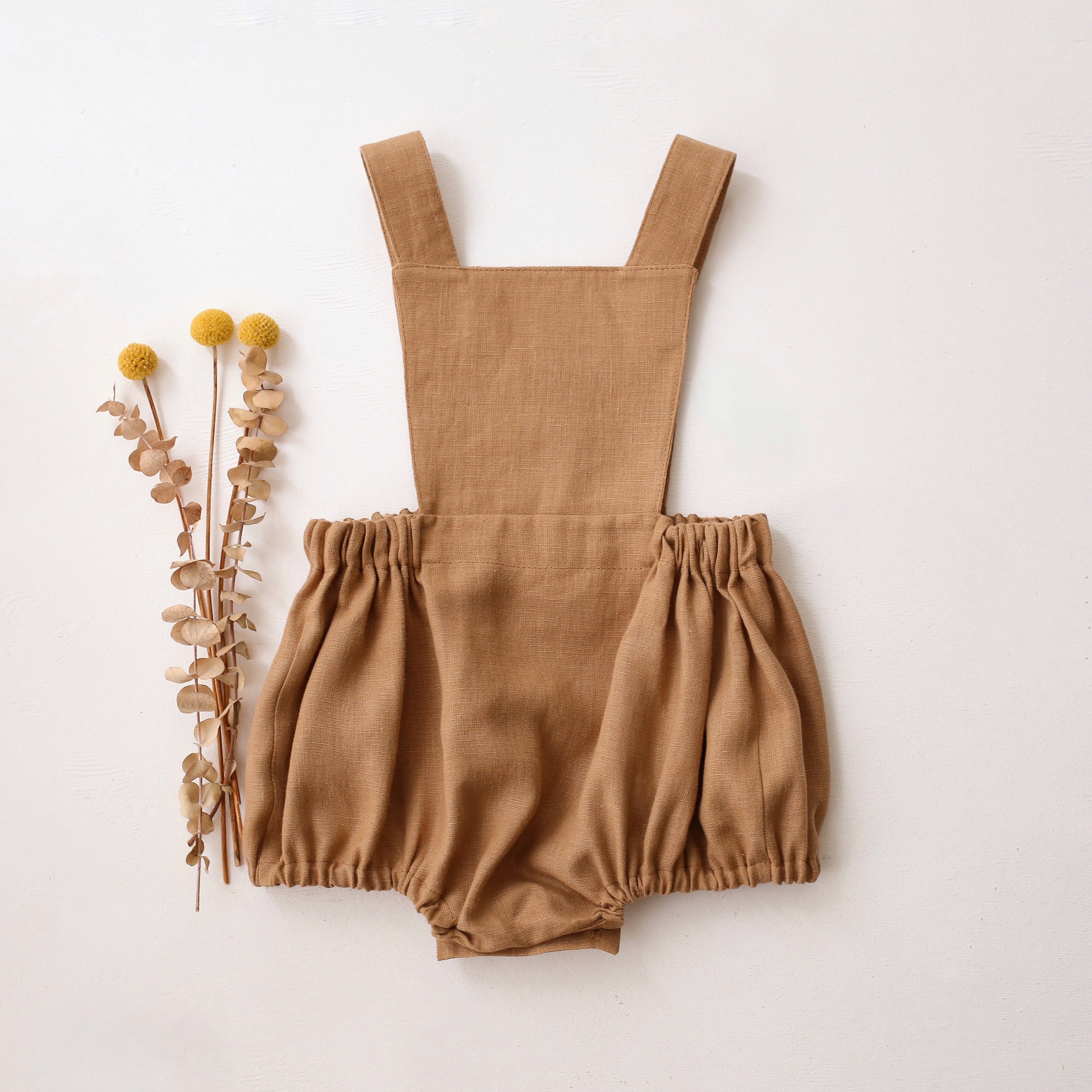 Latte Linen Pinafore Romper with “Toadstool with Snail” Embroidery