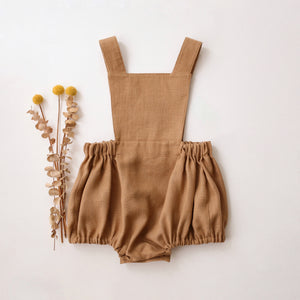 Latte Linen Pinafore Romper with “Toadstool with Snail” Embroidery